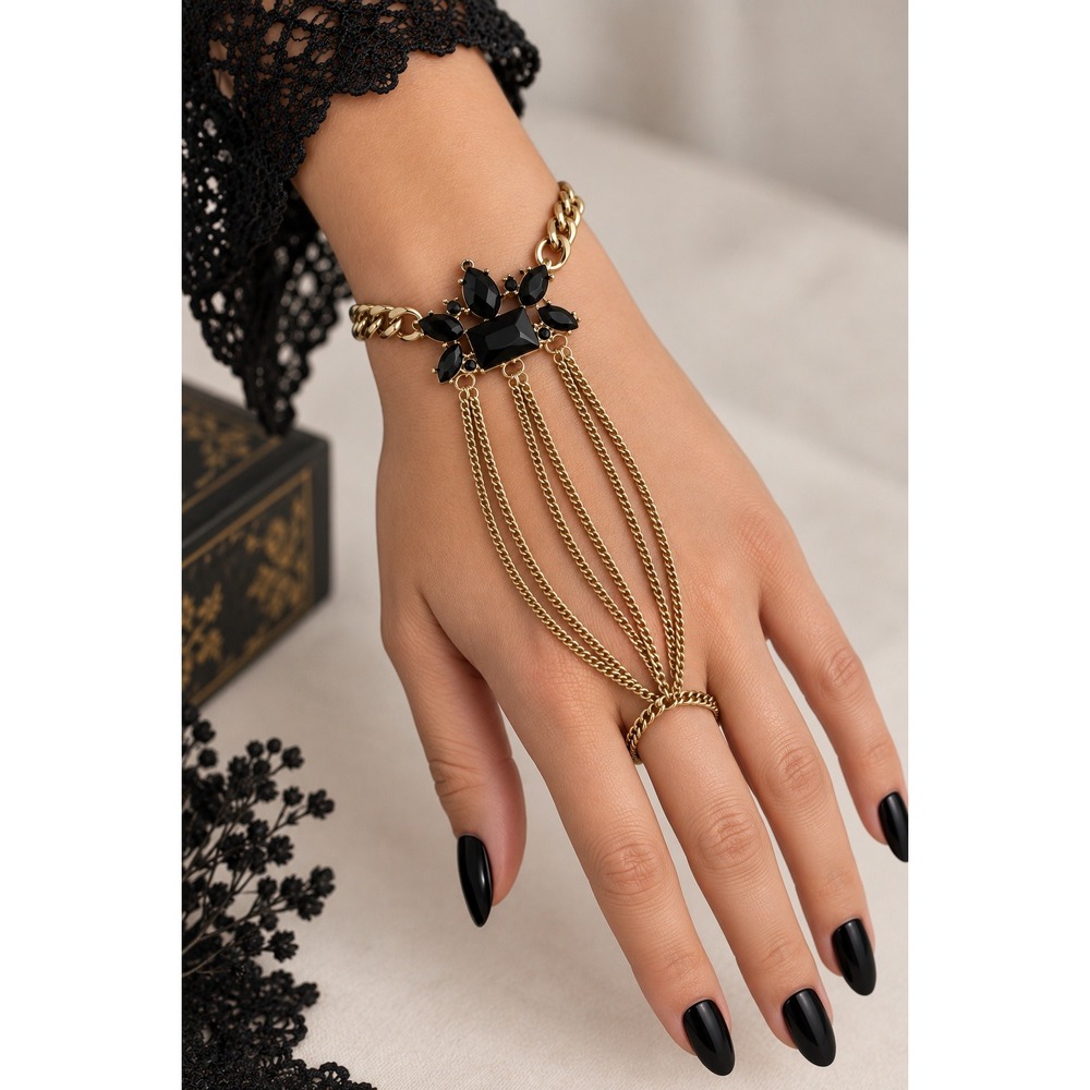 Goth Hand Chain Ring Bracelet Black Gold Beaded Y2K Witchy Festival Size 10
